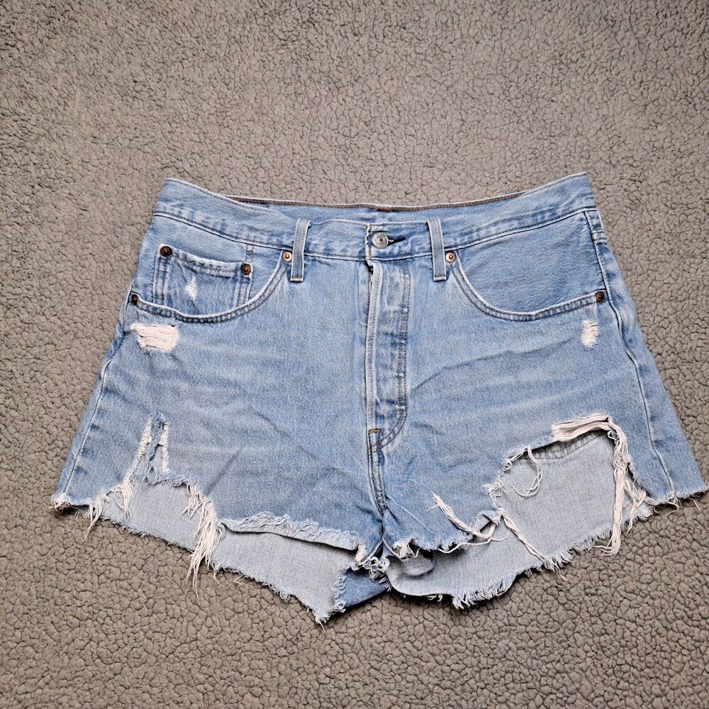 Levis 501 Shorts Womens W31 (actual 33) Blue Denim Distressed Cutoff Button Fly